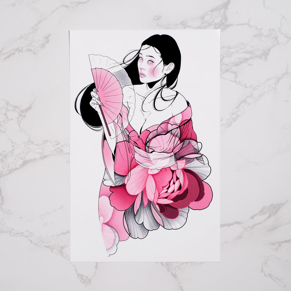 Geisha & Flowers - Temporary Tattoo -